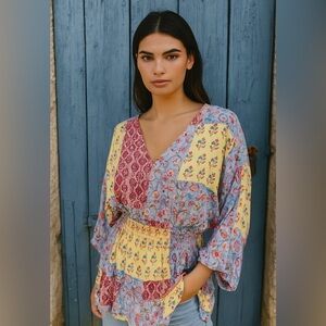 Cato 14/16W Boho Patchwork Floral Tunic Top Ruffle Hem Smocked Waist Mixed Media